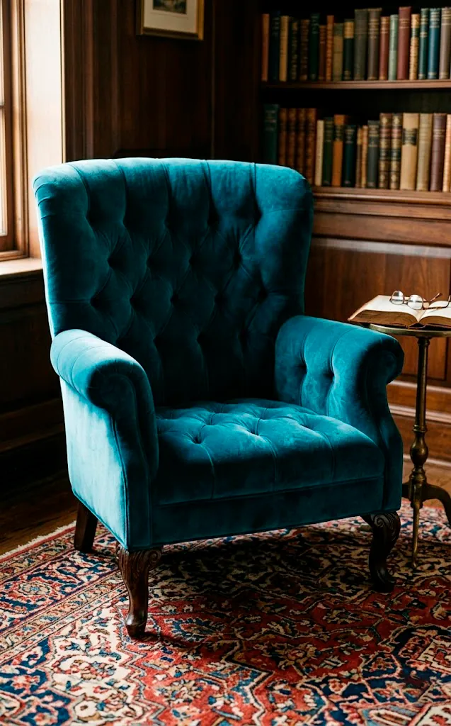 Teal velvet tufted club chair on a vintage rug with rich color depth.