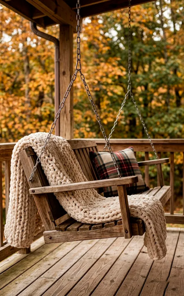 Chunky knit cream blanket draped over a wooden porch swing with a plaid pillow.