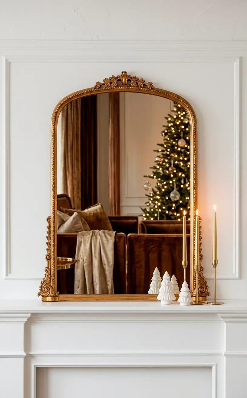 Large arched gold mirror centerpiece on a white mantel with winter decor reflections.
