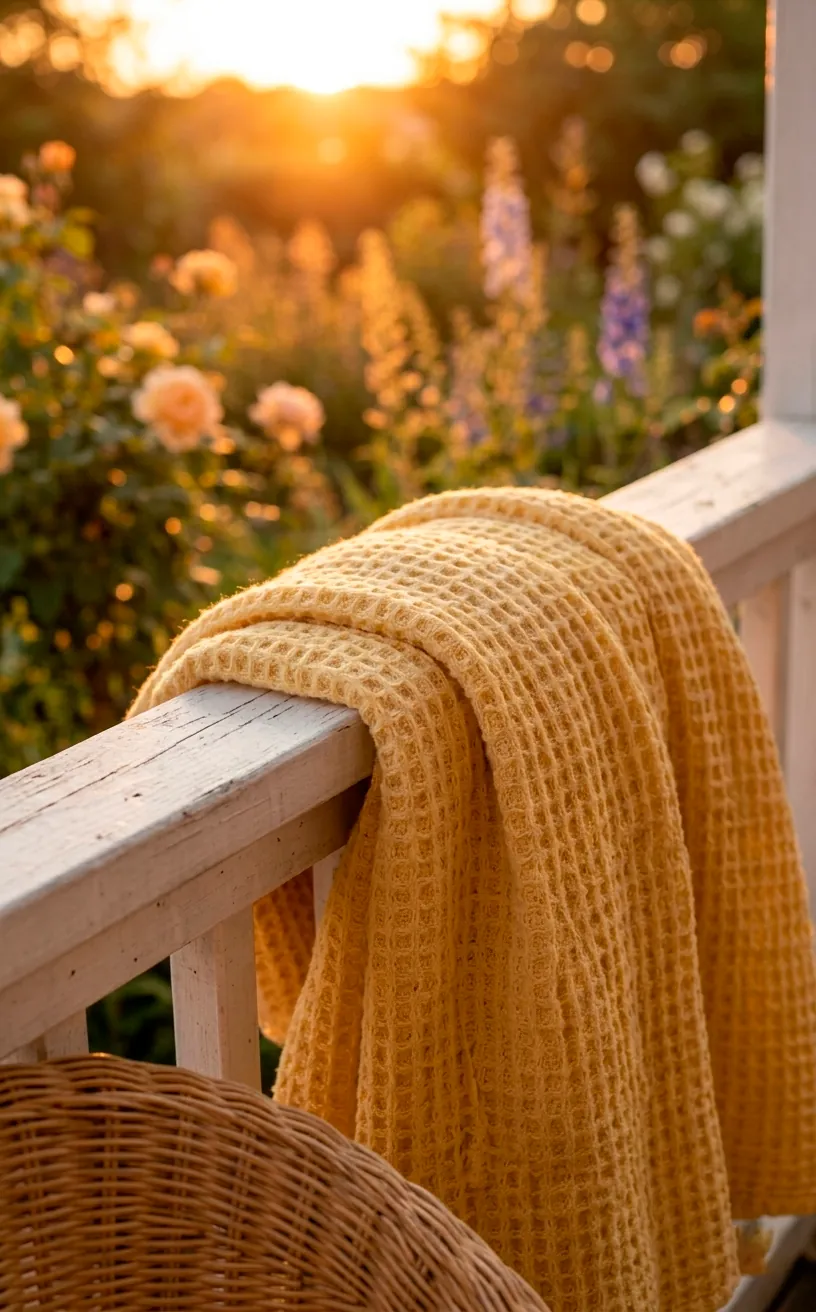 Soft yellow knit throw blanket draped over a white porch railing.