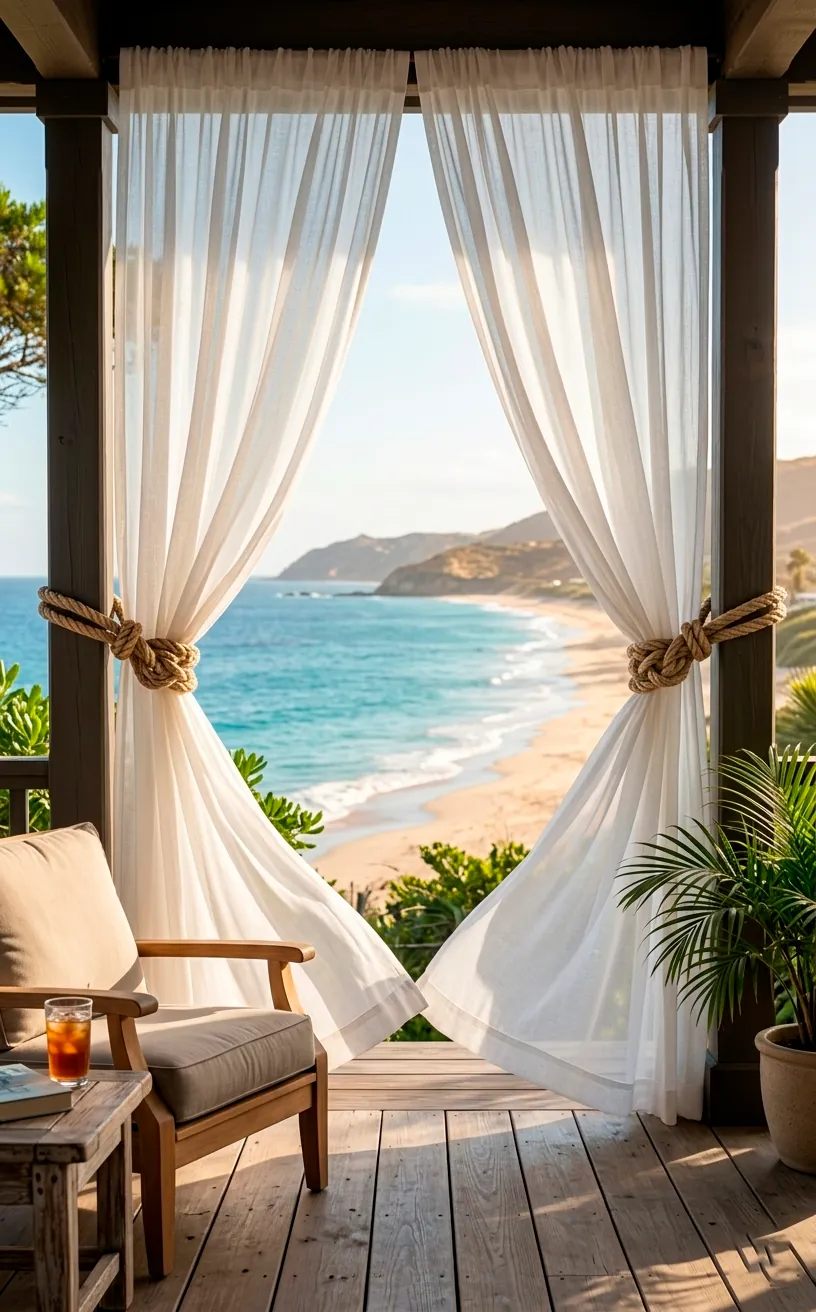 Sheer outdoor curtains tied with nautical rope gently blowing in the breeze on a porch.