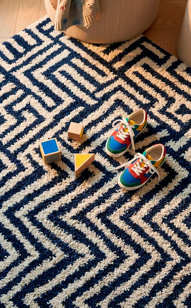 Navy and white herringbone patterned area rug in a modern children's playroom.