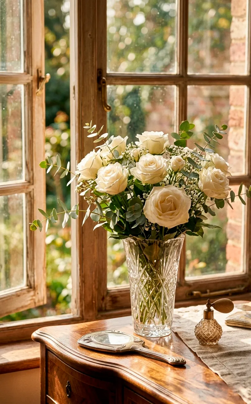 A loose romantic bouquet of fresh white roses in a clear crystal vase on a sunlit tabletop.