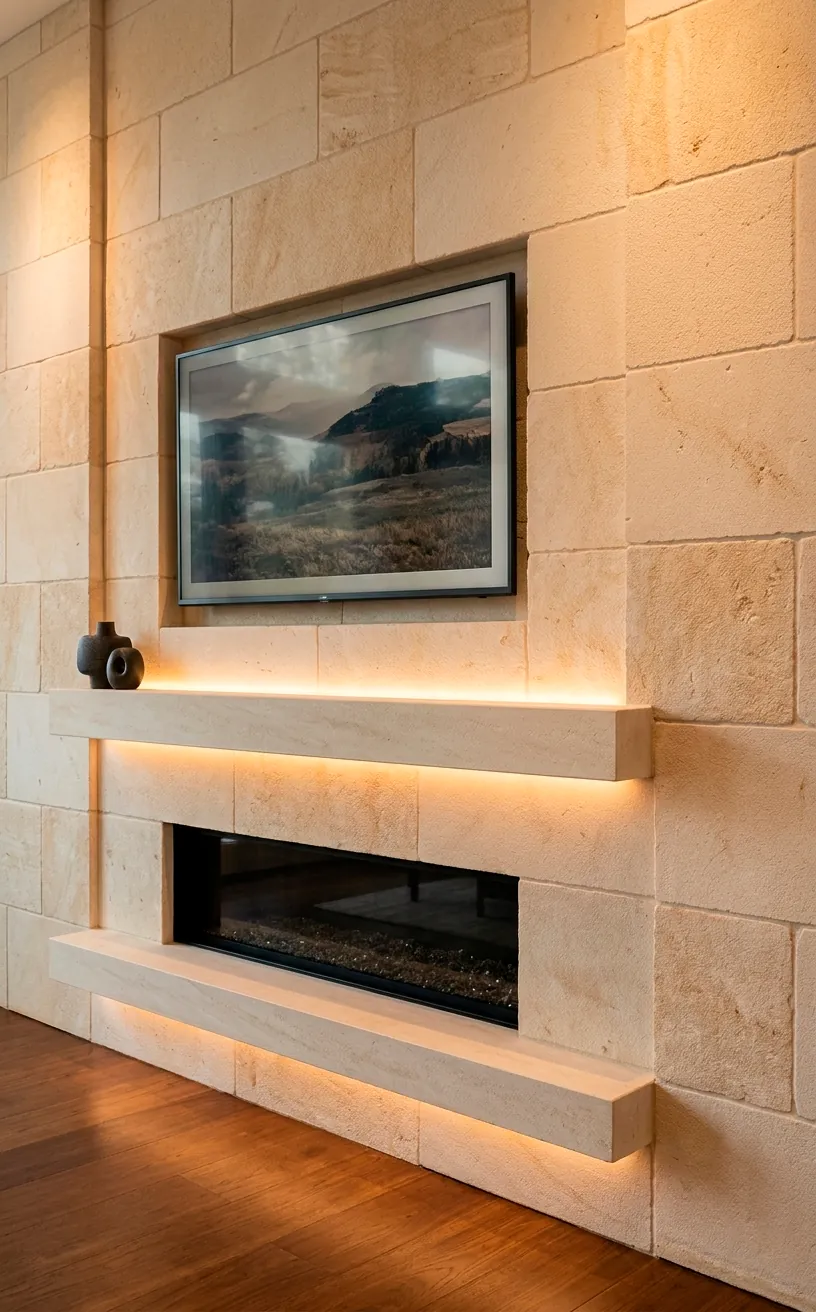 Luxury limestone fireplace wall with soft cream tones and an integrated TV.
