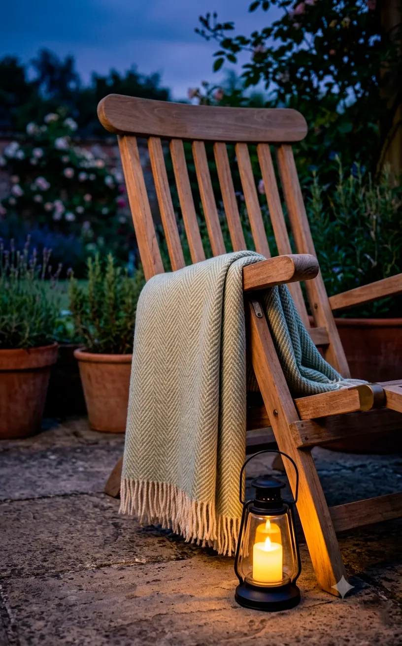 Soft sage green recycled PET outdoor throw blanket draped over a wooden chair.