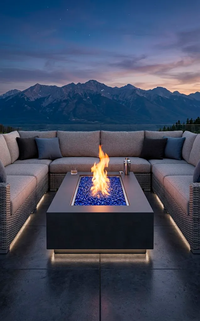 A modern propane fire pit table with flames flickering over blue fire glass.