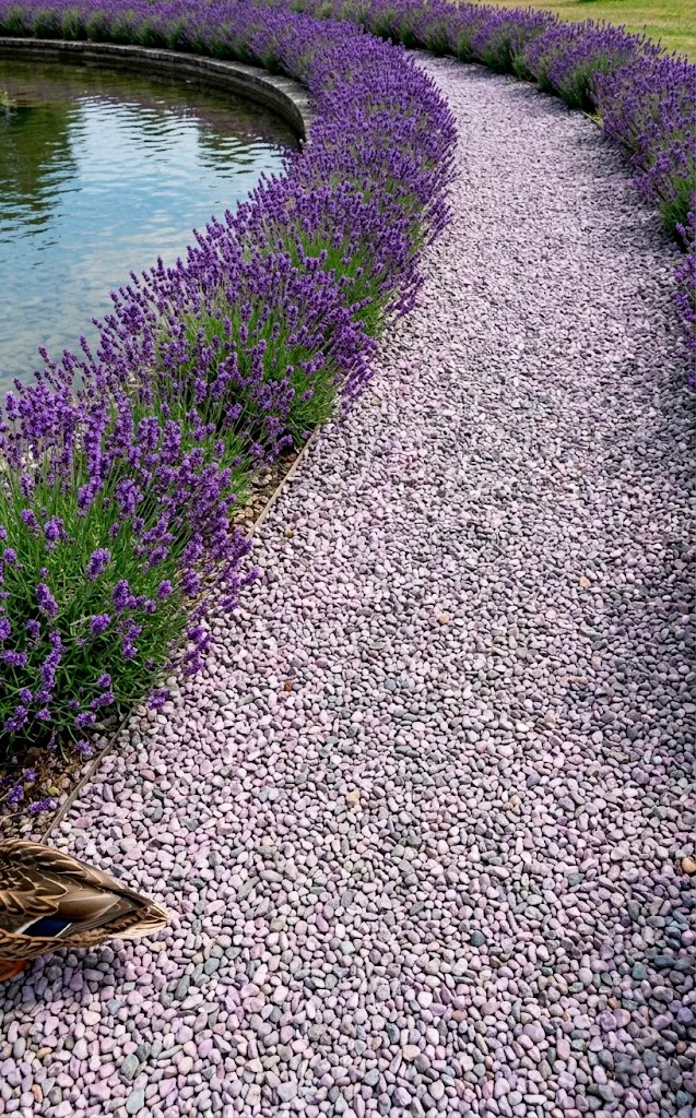 Lilac gravel path alongside a pond with lavender plants.
