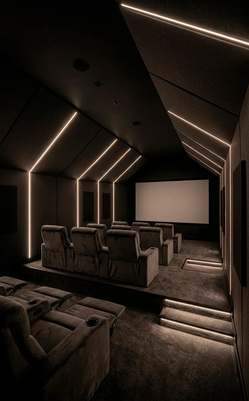 Luxury attic home cinema with tiered velvet seating and acoustic panels.