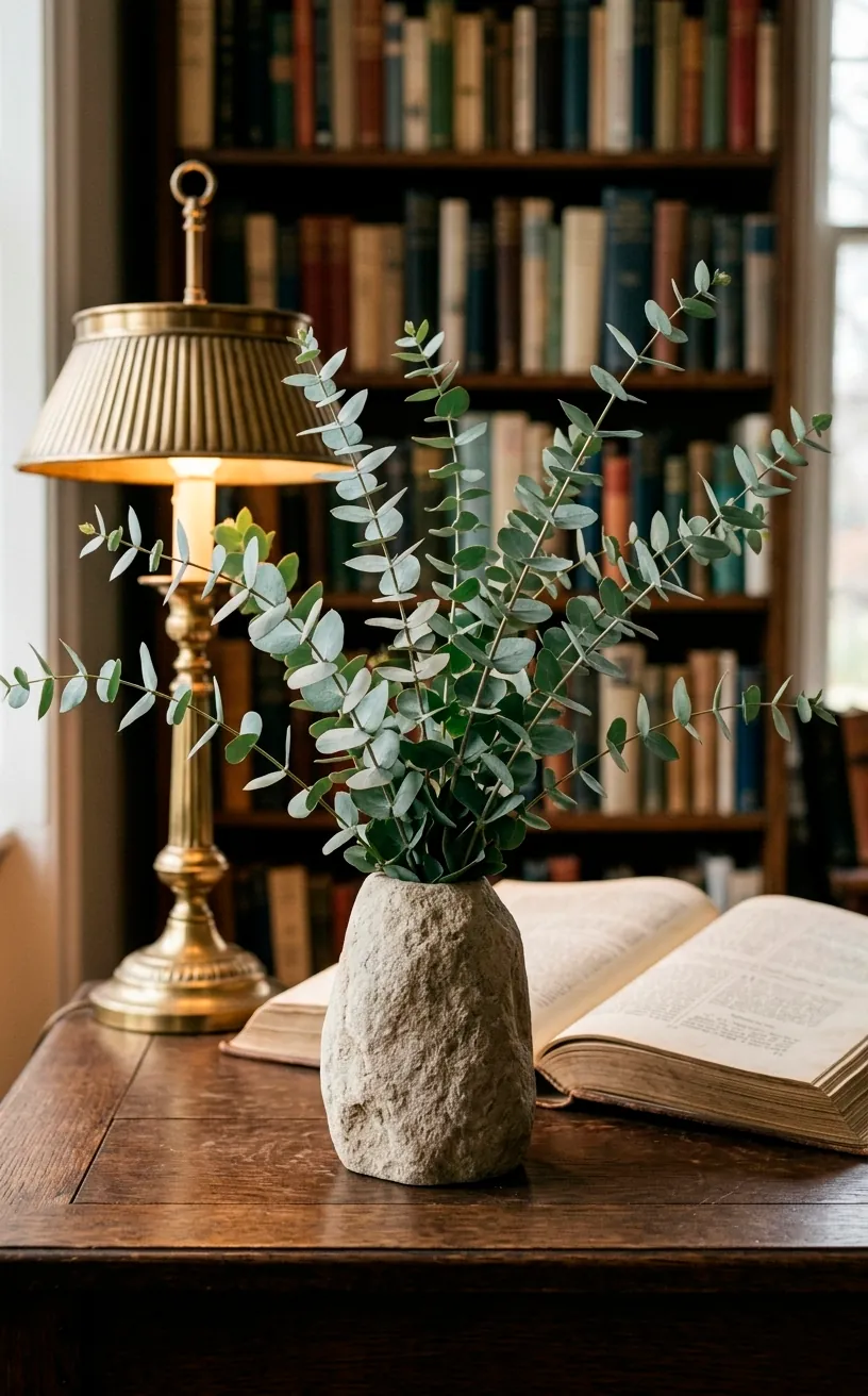 Fresh eucalyptus branches in a stone vase on a library desk next to an open book.