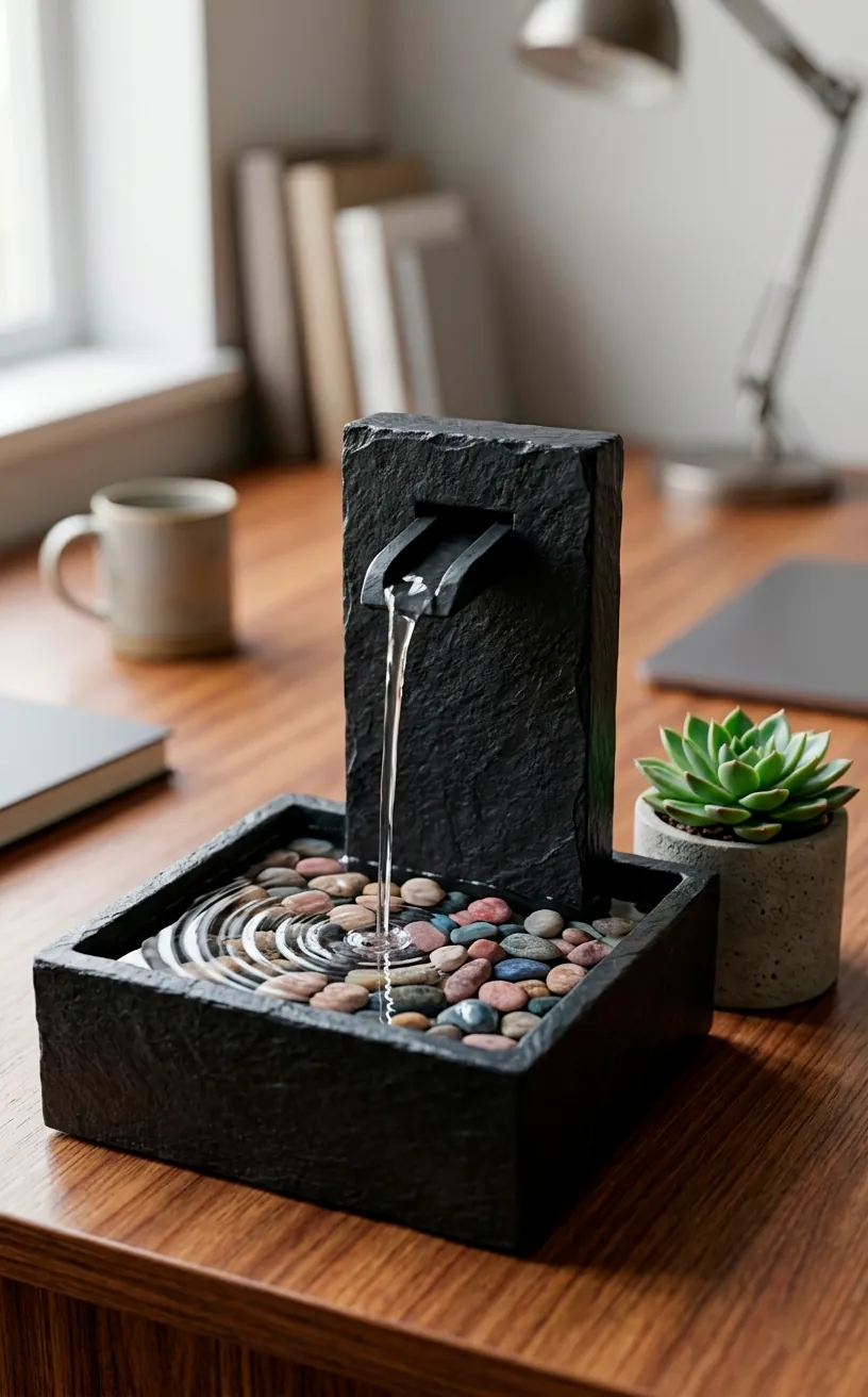Small black slate desktop water fountain with river stones for a cooling, zen office environment.