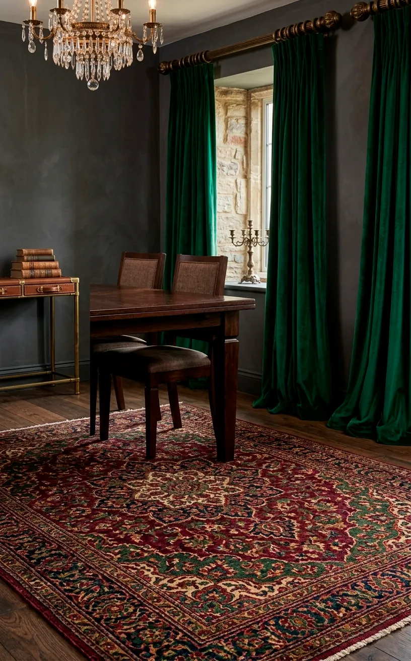 Burgundy and green vintage Persian rug under a dining table with heavy emerald velvet curtains.
