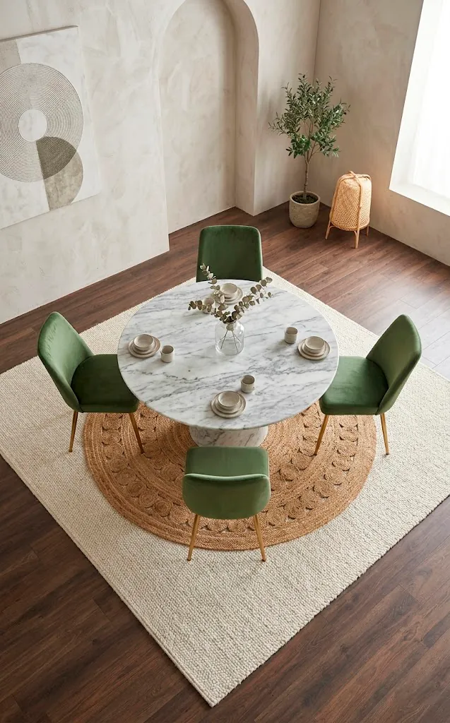 Round jute rug layered on a square cream rug under a marble dining table.
