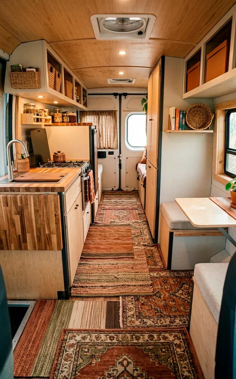 Narrow van walkway with thin layered rugs to save space and prevent door jams.