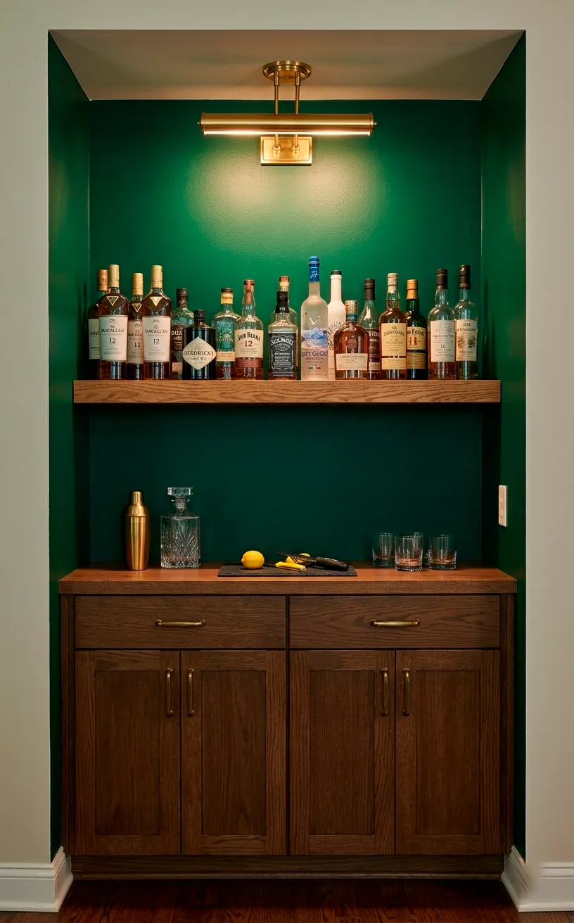 Emerald green recessed alcove transformed into a built-in home bar with oak shelves