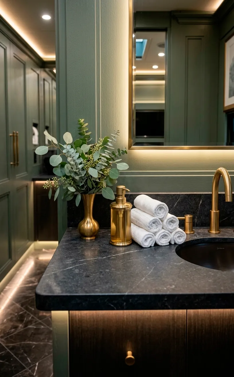 Luxury restroom trailer interior with a stone countertop and fresh eucalyptus decoration.