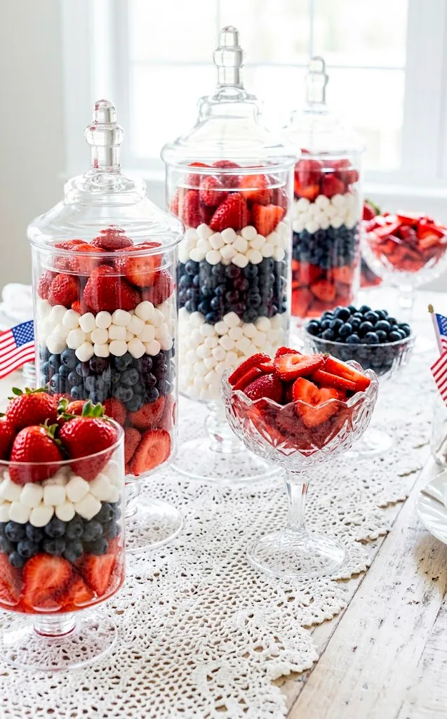 Edible Memorial Day centerpiece with layered strawberries and blueberries in glass jars.