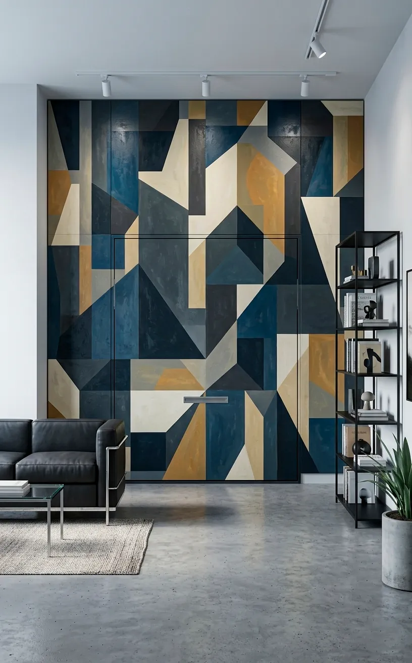 Wall bed with an abstract art mural on the front panel.