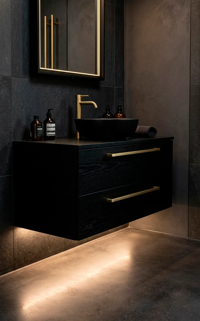 Floating black wood vanity with gold handles and a black vessel sink.
