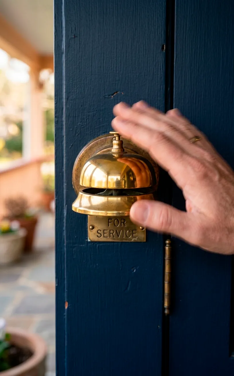 Antique brass hotel call bell mounted on a dark painted front door frame.