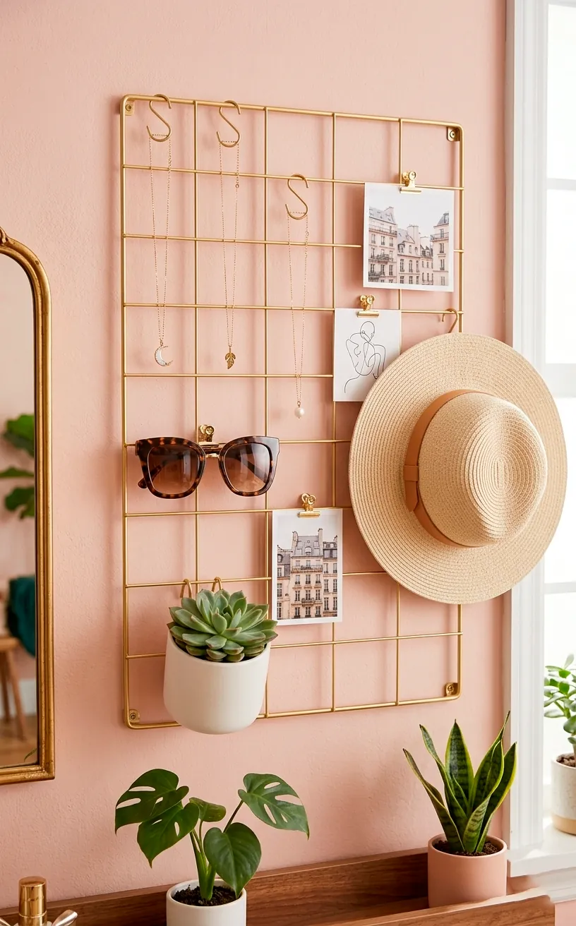 Gold wire wall grid with jewelry and accessories mounted on a blush pink wall.