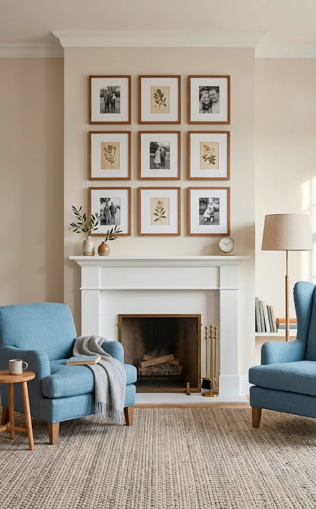 A 3x2 grid of frames perfectly spaced above a classic white fireplace mantel.