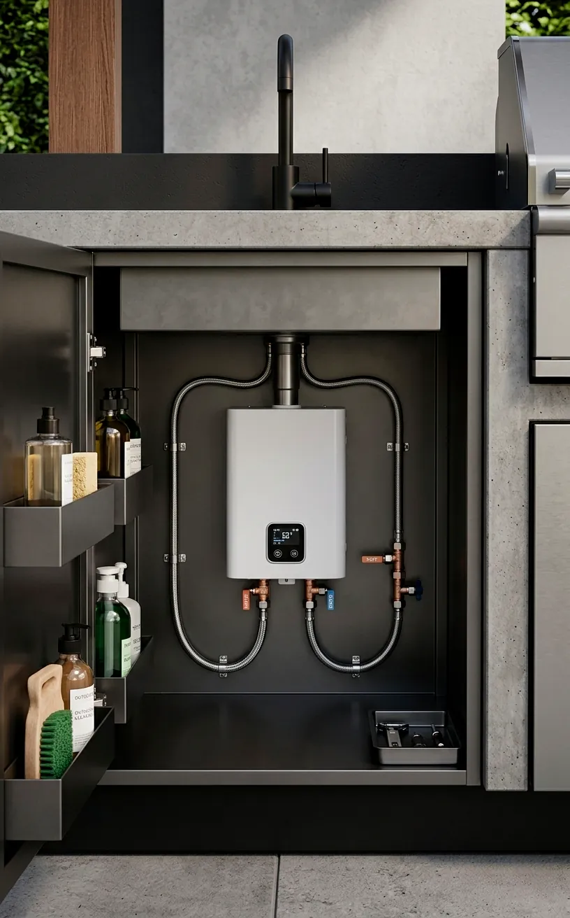 Under-sink tankless water heater installation for an outdoor kitchen.