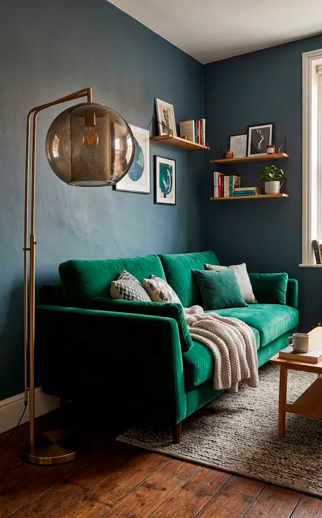 Correctly scaled furniture in a small studio apartment featuring a large sofa.