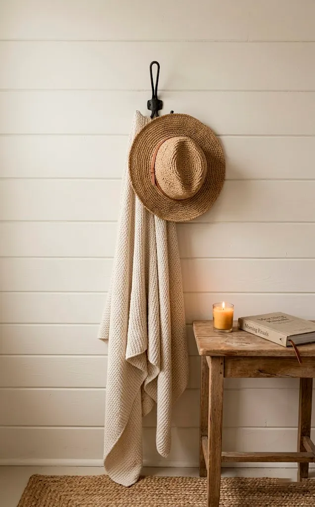 Bedroom wall with a wrought iron hook holding a sun hat and throw blanket over a wooden nightstand.