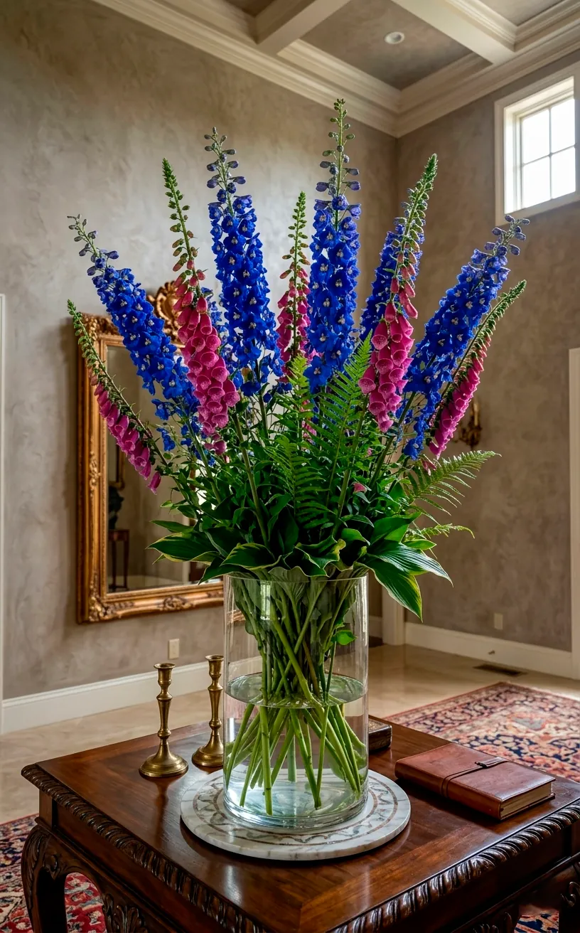 Tall delphinium and foxglove arrangement in a heavy glass vase on an entryway table.