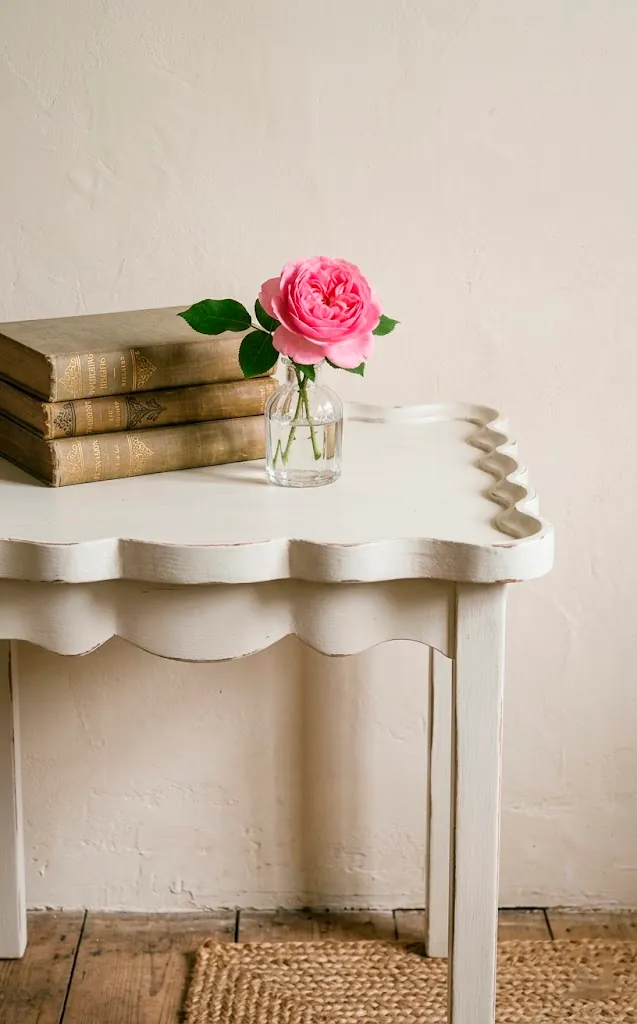White side table with scalloped edges and vintage books.