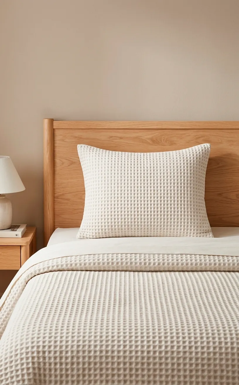 Crisp cotton waffle weave Euro sham pillow leaning against a light wood kids headboard.