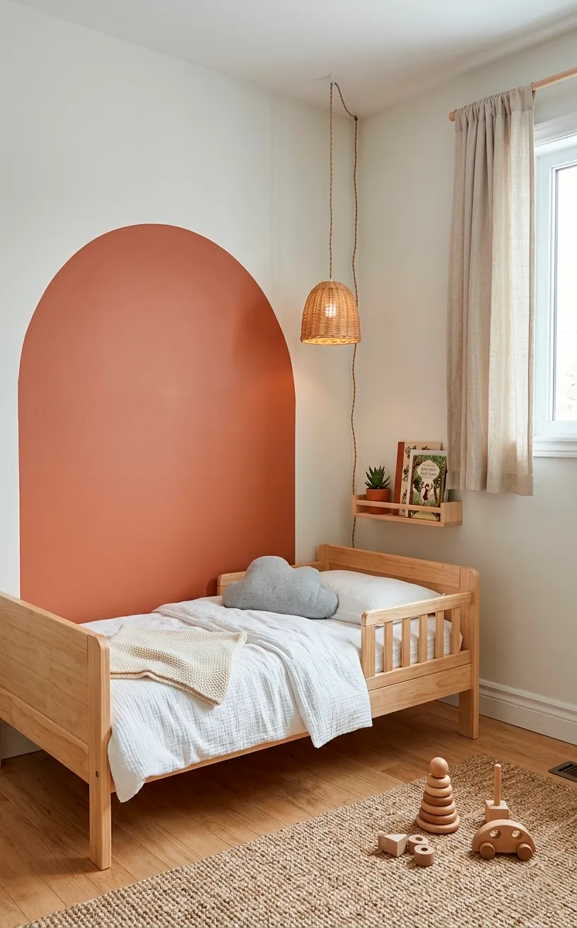 Scandinavian kids room with a large removable terracotta arch decal framing a wooden toddler bed.