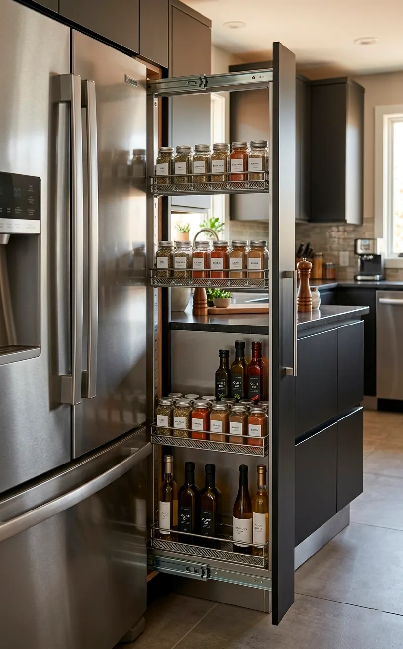 Narrow metal pull-out rack between a fridge and cabinet filled with spice jars and oils.