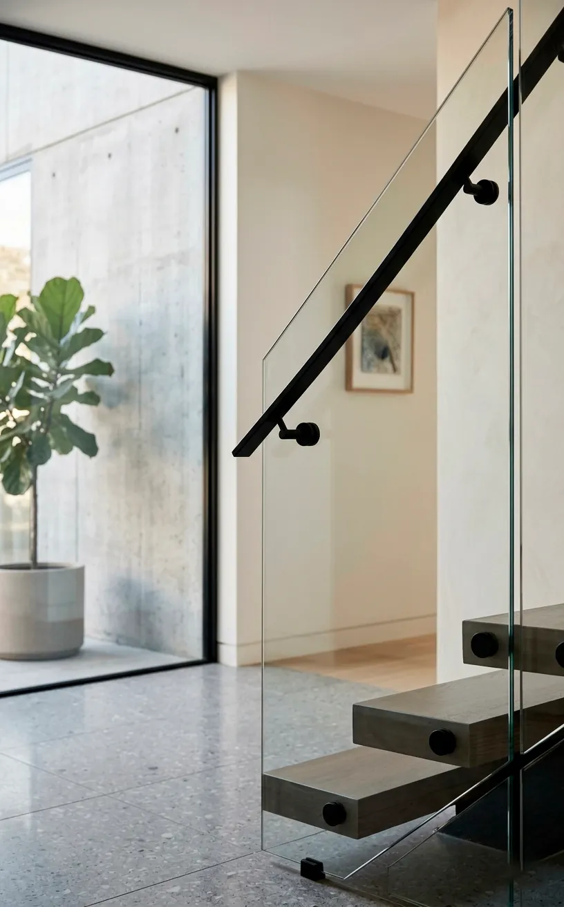 Minimalist black handrail mounted on a glass stair railing for safety and style.