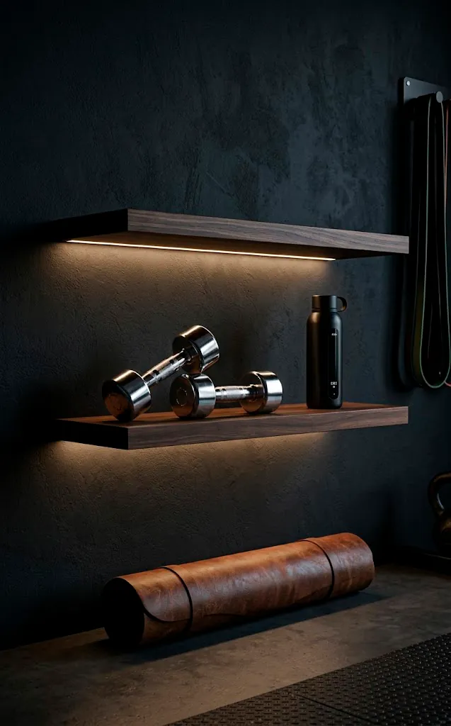 LED backlit floating shelves illuminating chrome dumbbells on a dark charcoal gym wall.