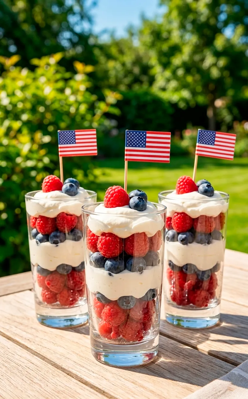 Red white and blue yogurt parfaits in clear glasses for Memorial Day.