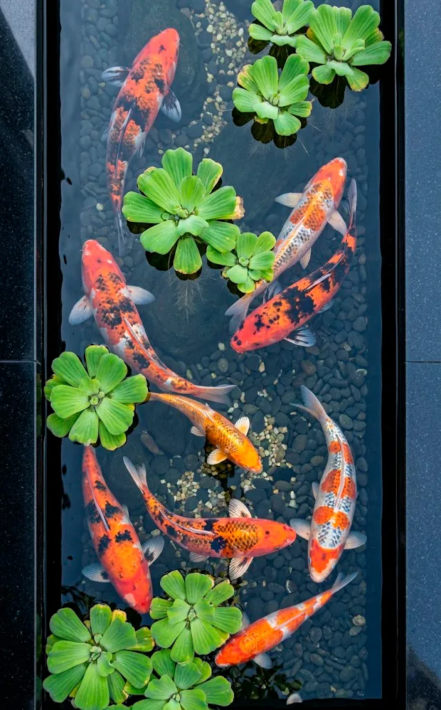 Top-down view of colorful koi swimming in a clear modern pond.