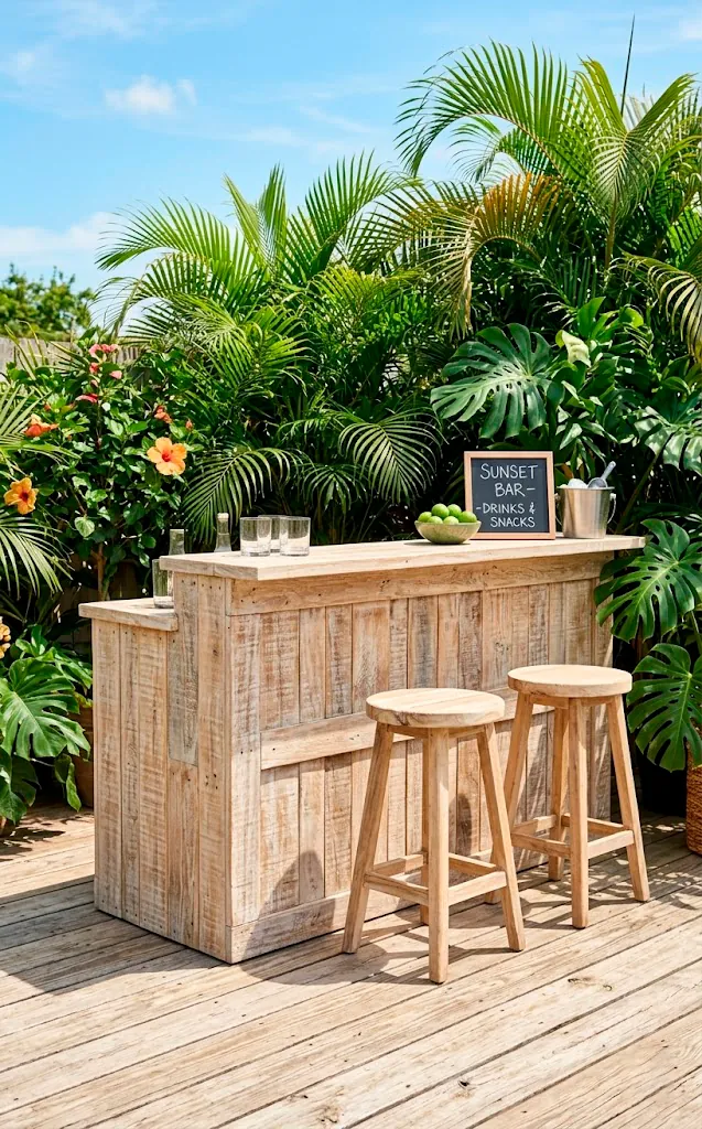 A DIY home bar made from salt-washed pallet wood on a sunny wooden deck with green plants.
