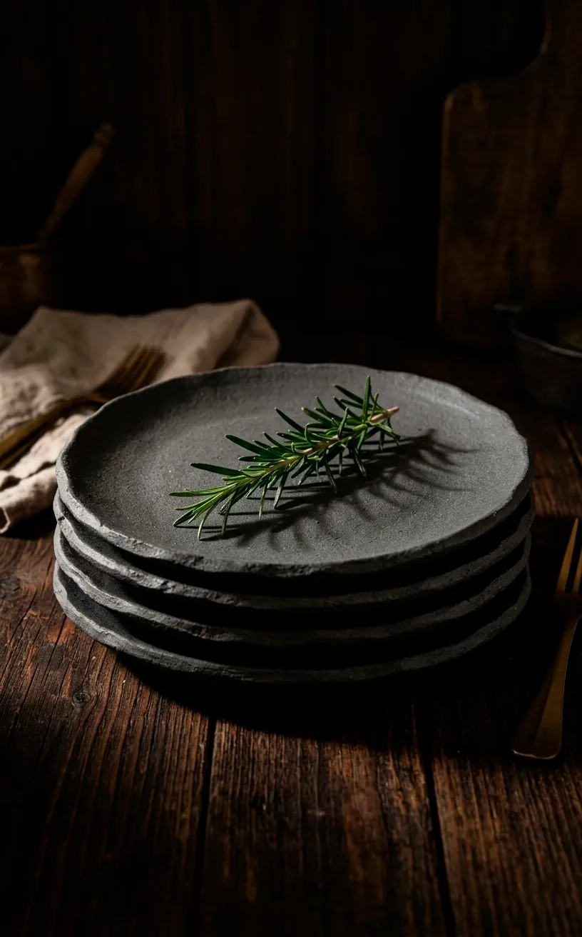 Handmade matte charcoal stoneware plates stacked on a rustic table.