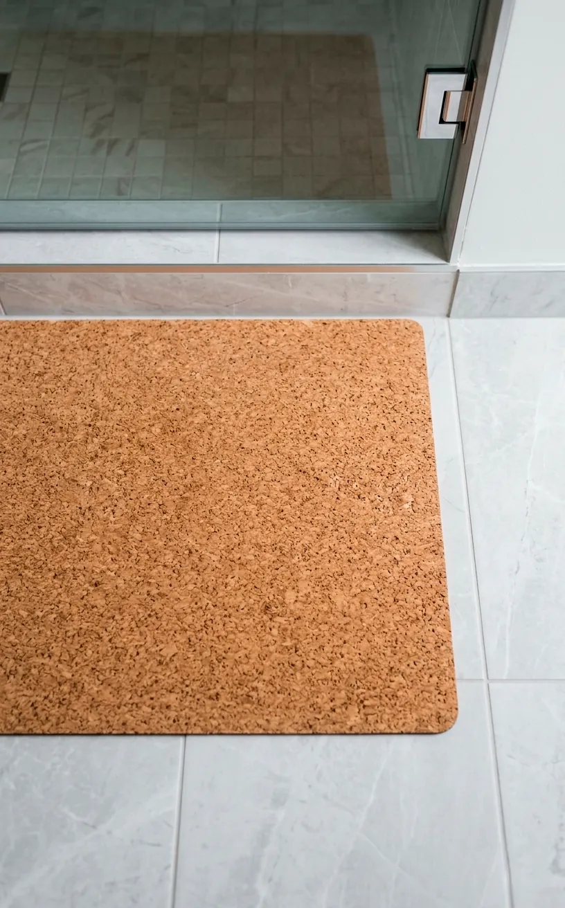 Eco friendly natural cork bath mat on a modern bathroom tile floor next to a shower.