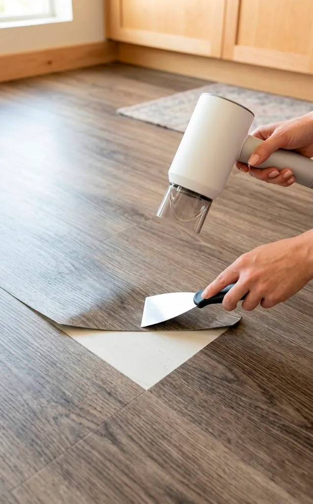 Using a hairdryer to remove peel and stick floor tiles from a bathroom.