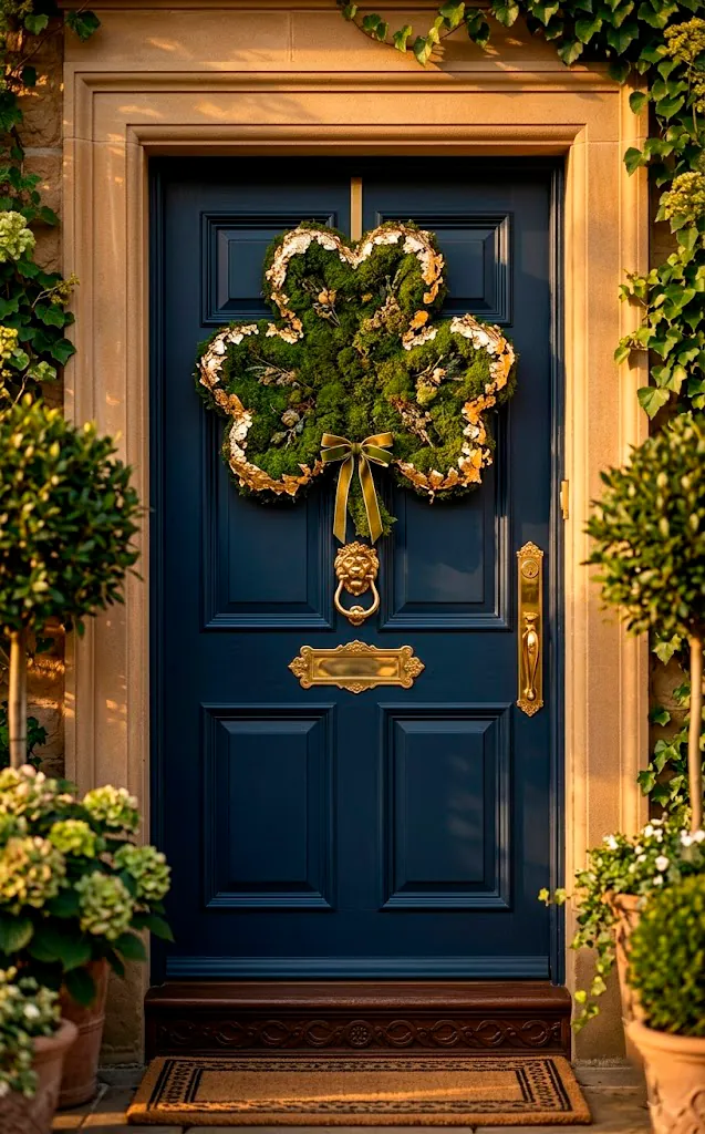 Moss shamrock wreath with gold leaf accents on a navy blue designer door.
