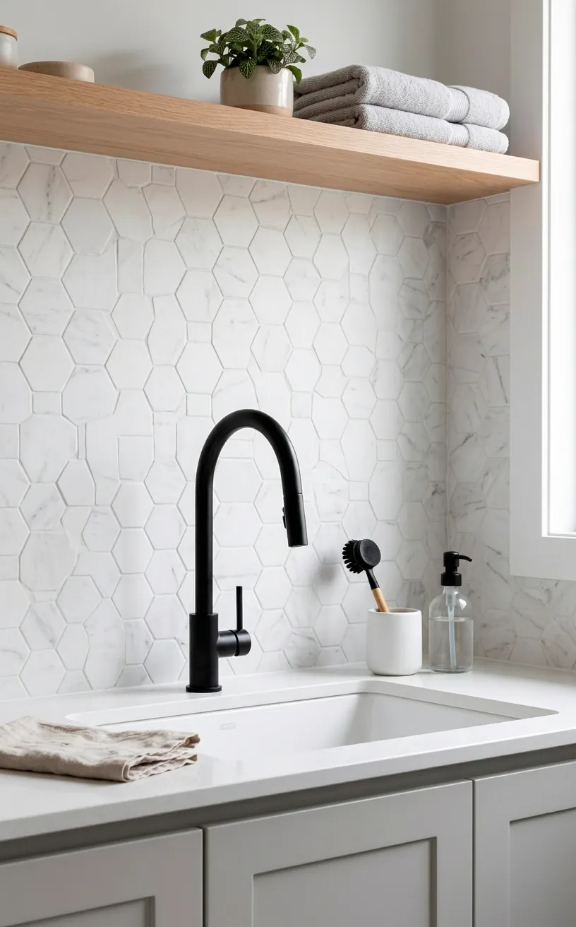 A Scandinavian hexagonal marble tile backsplash behind a modern laundry sink with a black faucet.