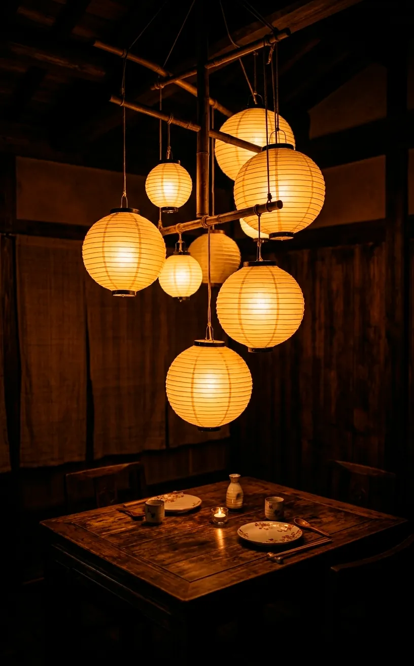 Hanging Washi paper lanterns providing warm ambient light over a dining area.
