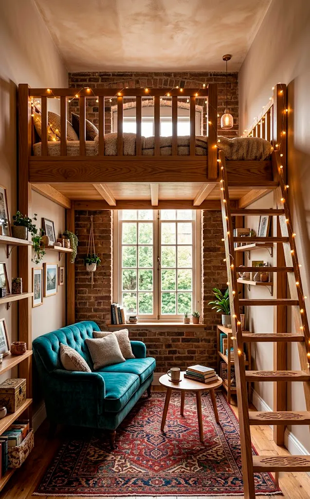 Small bedroom with a wooden loft bed and a cozy lounge area underneath.