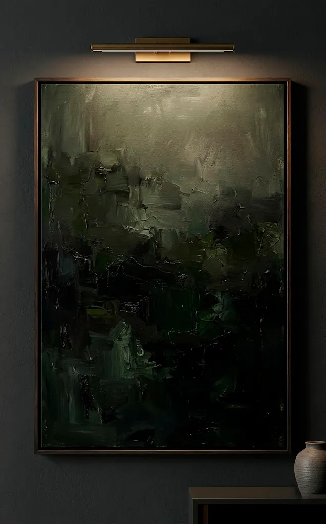 Brass picture light illuminating a dark abstract painting on a charcoal wall in a moody room.