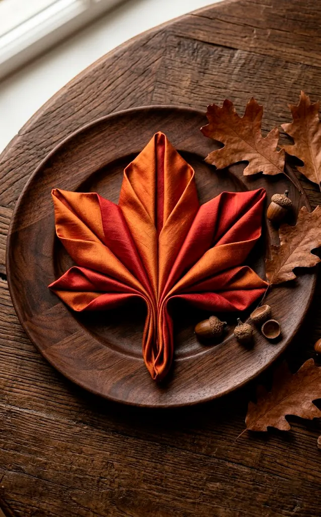 Silk napkin folded into a maple leaf shape in burnt orange and red on a wood charger.