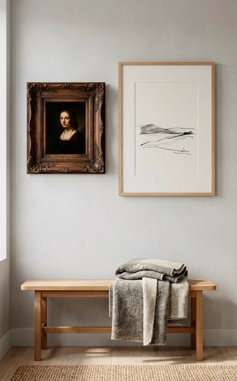 Balanced visual weight between a heavy ornate frame and a large light oak frame on a gray wall.