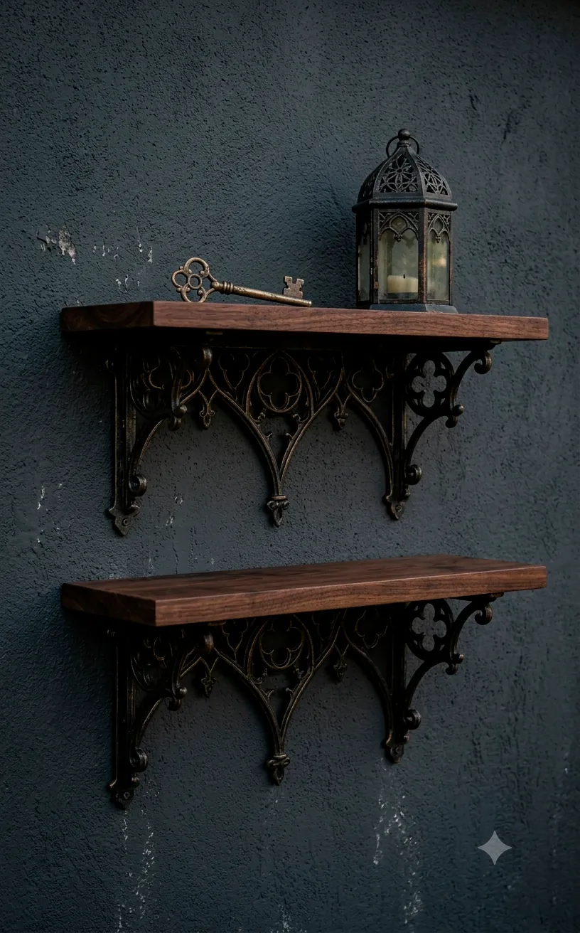 Ornate wrought iron brackets supporting dark walnut floating shelves on a moody small front porch wall.
