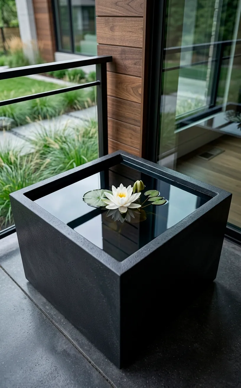 A square charcoal resin planter mini pond with a floating white water lily pad on a modern porch.
